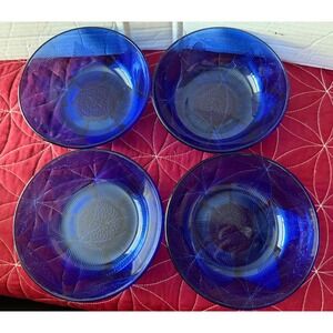 Forte Crisa Cobalt Blue Glass Bowls Textured Floral Sunburst Cereal Bowls (4)